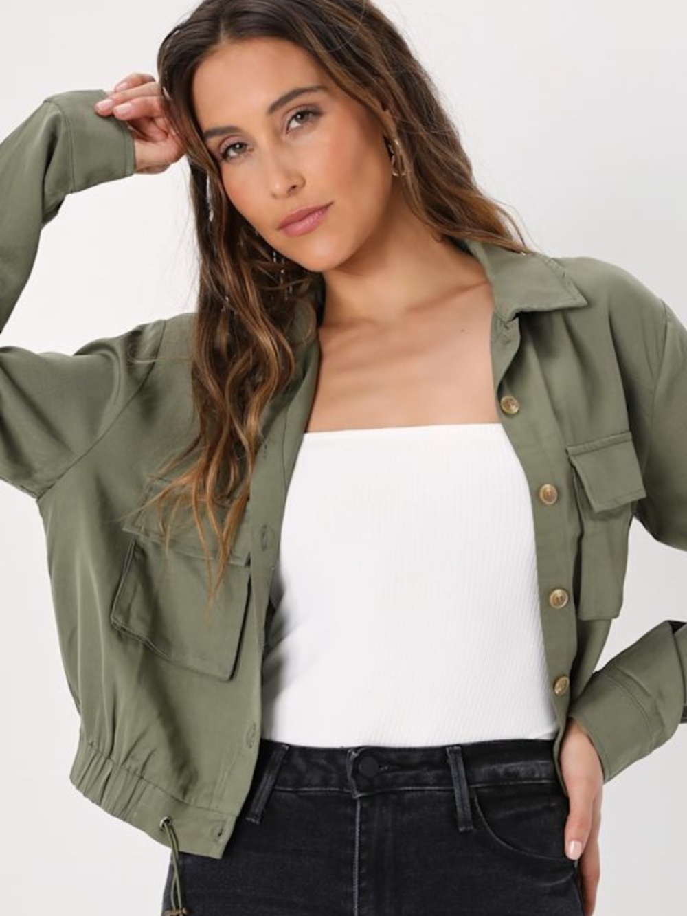 Lulus Eldora Olive Green Cropped Utility Jacket - Size M